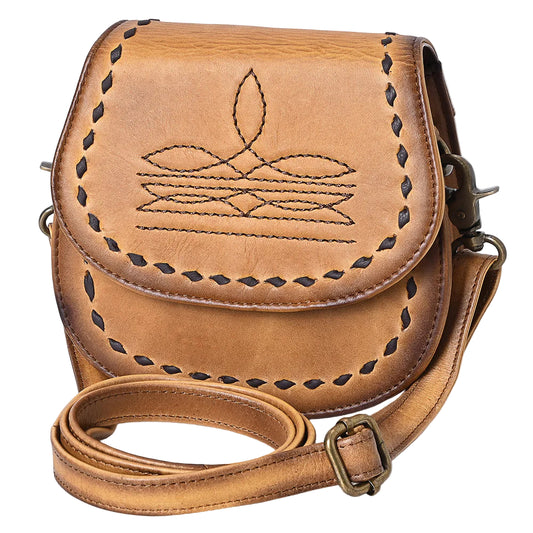 American Darling Western Stitch Leather Crossbody Saddle Purse - Tan