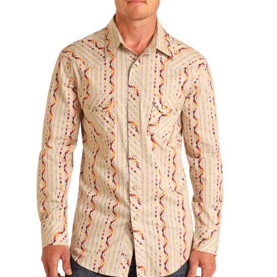Rock & Roll  Men's Aztec Stripe Long Sleeve Shirt- Natural