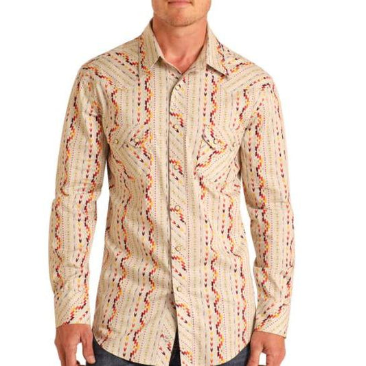 Rock & Roll  Men's Aztec Stripe Long Sleeve Shirt- Natural
