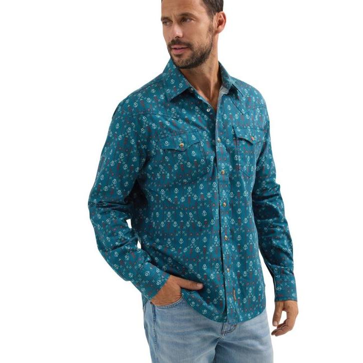Wrangler Men's Long Sleeve Retro Premium Modern Fit Shirt - Multi Turquoise