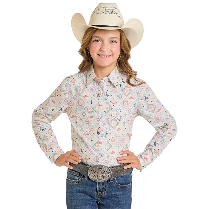 Panhandle Girl's Long Sleeve Print Snap Shirt- Ecru