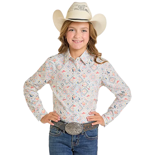 Panhandle Girl's Long Sleeve Print Snap Shirt- Ecru