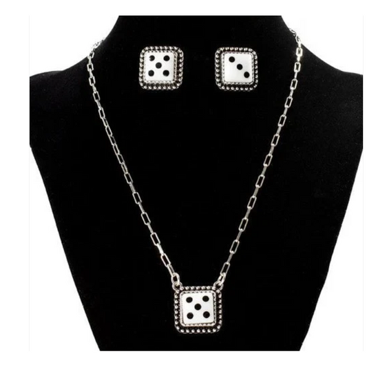 Silver Strike Dice Necklace and Earring Set- Black/White - Irvine Tack & Western Wear