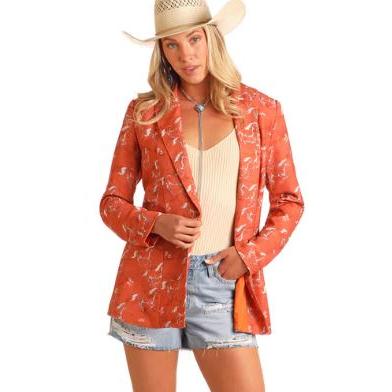 Rock & Roll Women's Long Sleeve Horse Print Blazer- Burnt Orange