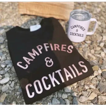 Blonde Ambition Long Sleeve Campfires & Cocktails Crew Neck Sweater- Black/Rose Gold