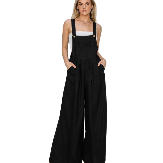 Risen Women's Linen Wide Leg Overalls - Black