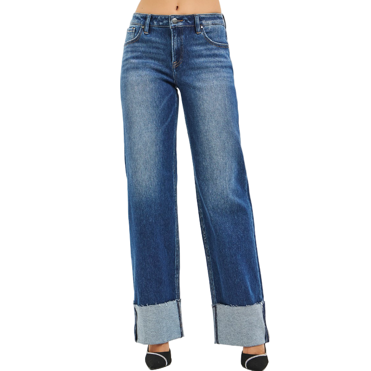 Risen Women's Mid Rise Straight Jeans with Wide Cuff - Dark