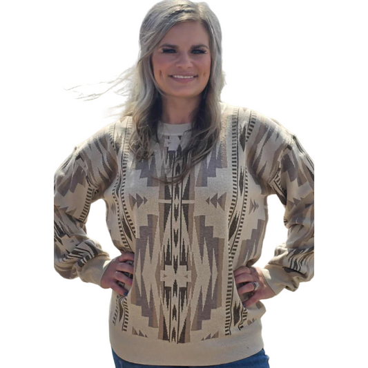 Sterling Kreek Long Sleeve Wyoming Aztec Sweater- Tan