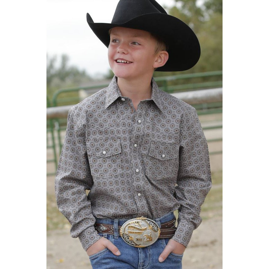 Cinch Boy's Long Sleeve Patterned Shirt- Grey