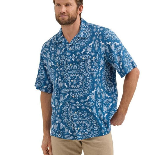Wrangler Men's Short Sleeve Coconut Cowboy Shirt- Blue