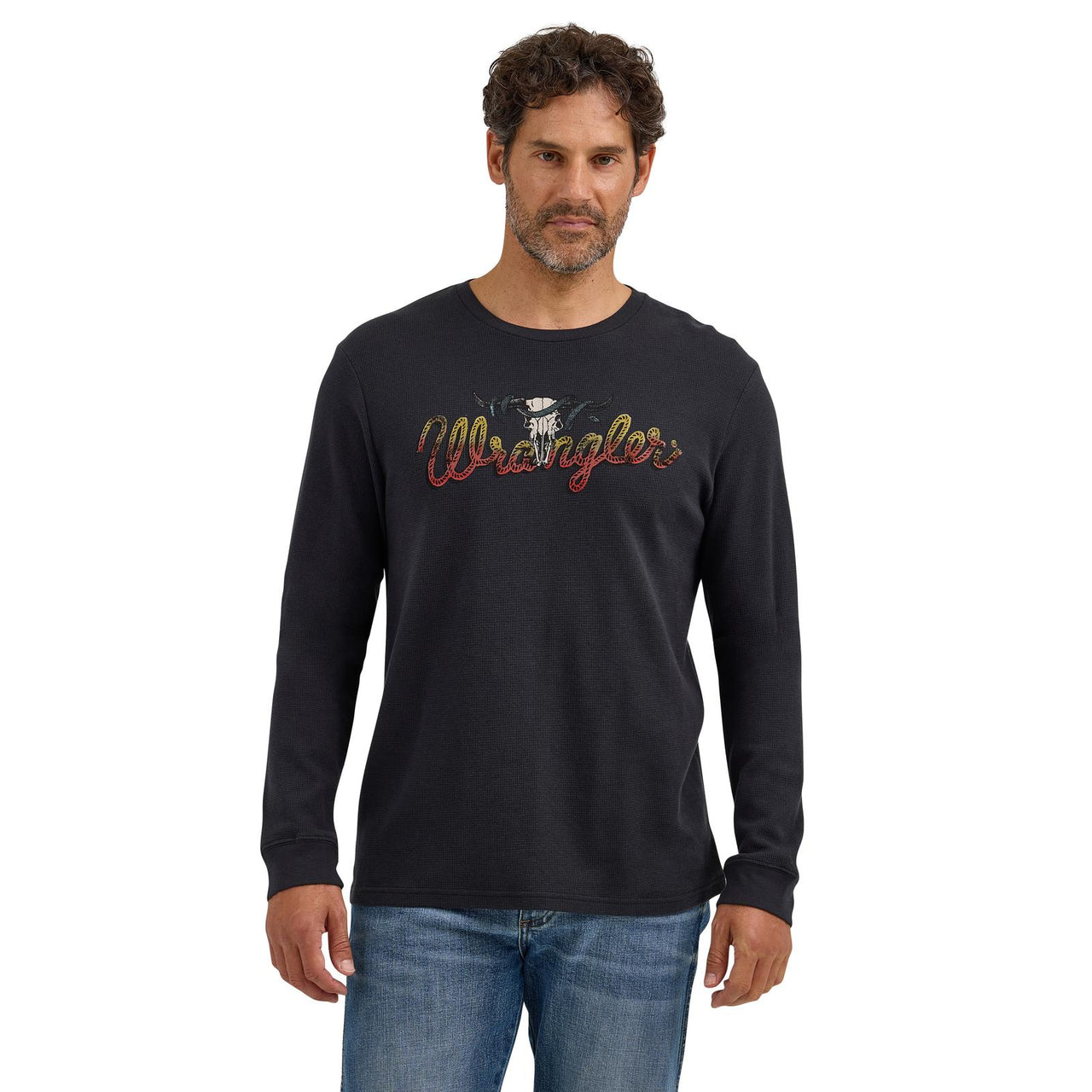Wrangler Men's Graphic Long Sleeve Regular Fit Thermal Shirt-Washed Black