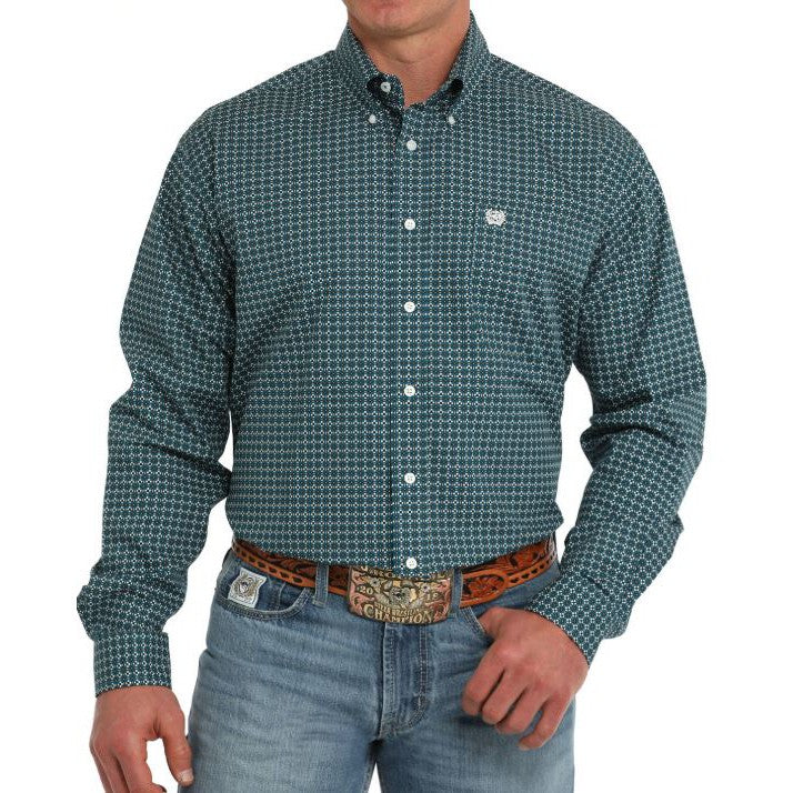 Cinch Men's Geometric Print Long Sleeve Shirt- Teal