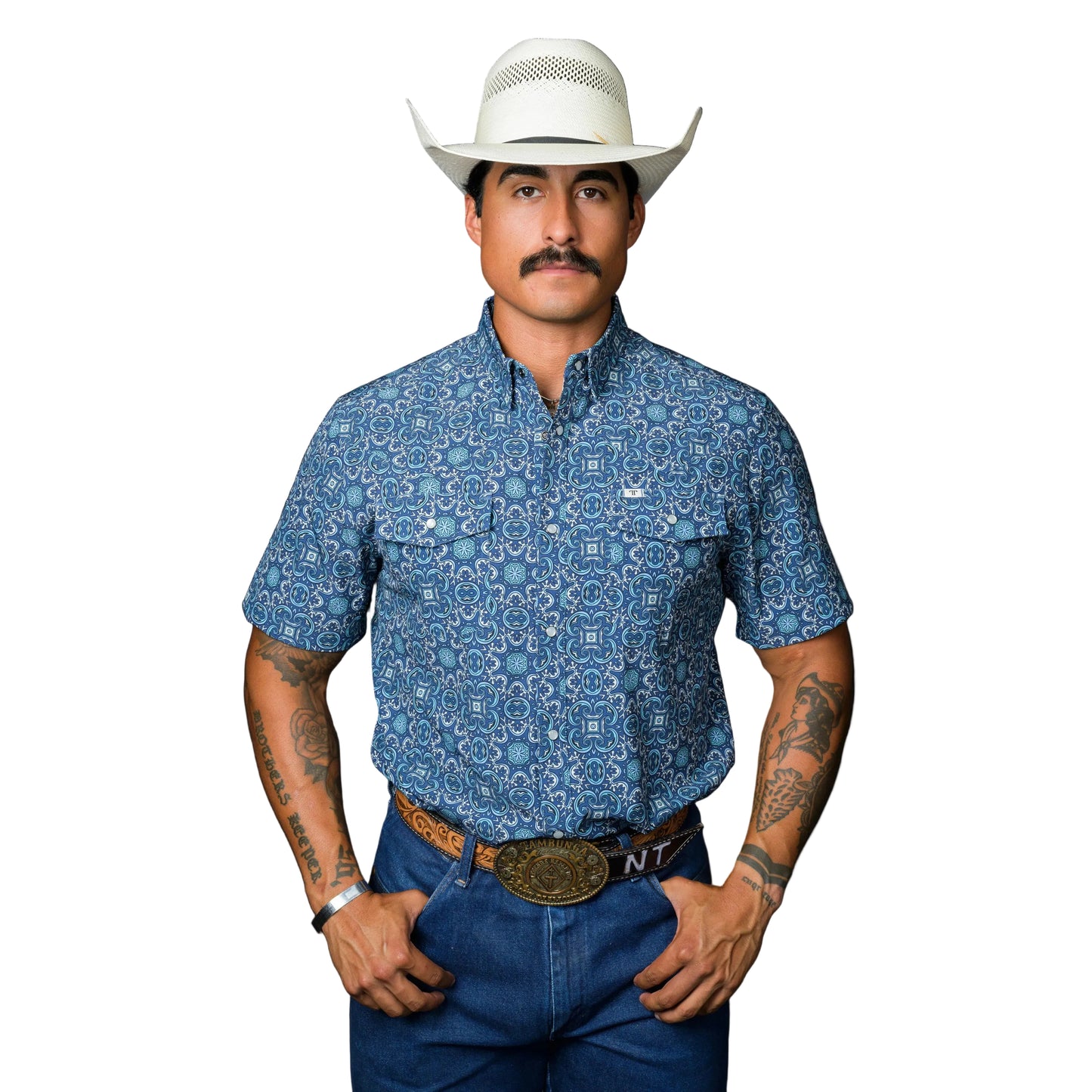 Ferrell Brand Men's The Bennett  Short Sleeve Snap Shirt - Blue