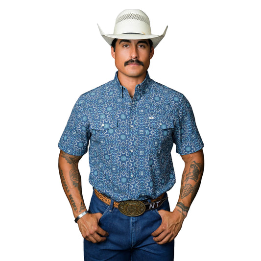 Ferrell Brand Men's The Bennett  Short Sleeve Snap Shirt - Blue