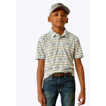 Ariat Boy's Short Sleeve All Over Print Polo- White Serape