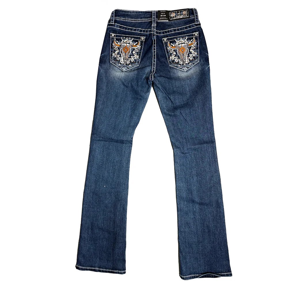 Grace in LA Women's Midrise Steer Head Bootcut Jeans-