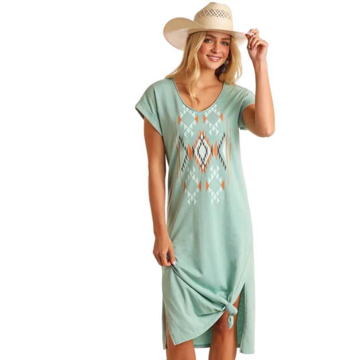 Panhandle Women's Southwest Short Sleeve Tee Shirt Dress- Turquoise