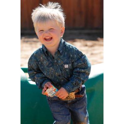 Cinch Boy's Long Sleeve Button Down Print Shirt- Blue