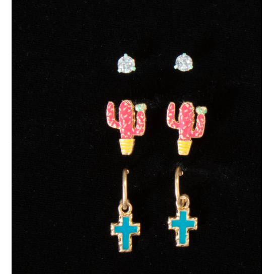 Silver Strike Women's Cactus Cross Earrings Set - Multi