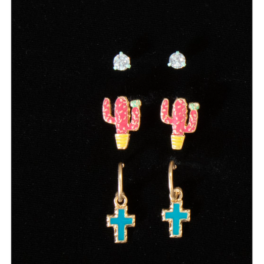 Silver Strike Women's Cactus Cross Earrings Set - Multi