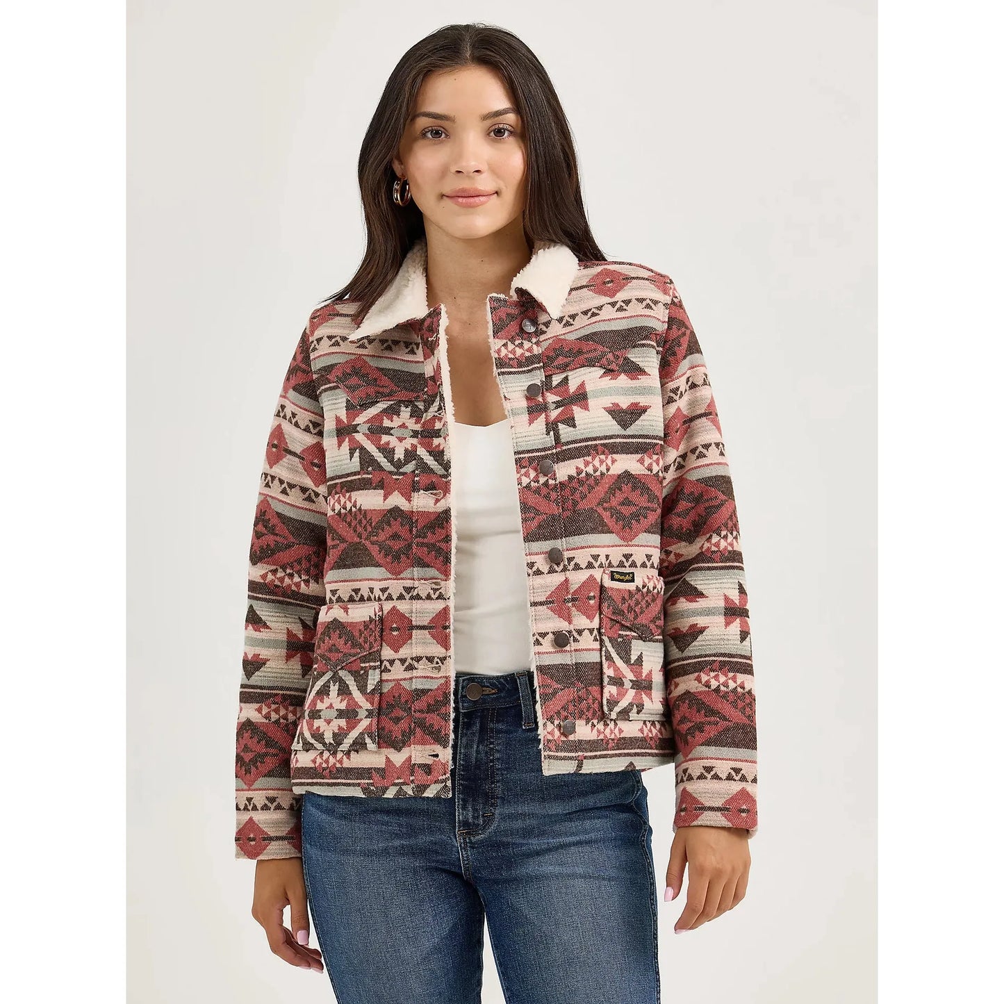 Wrangler Women's Sherpa Lined Jacquard Barn Jacket- Cream/Burgundy