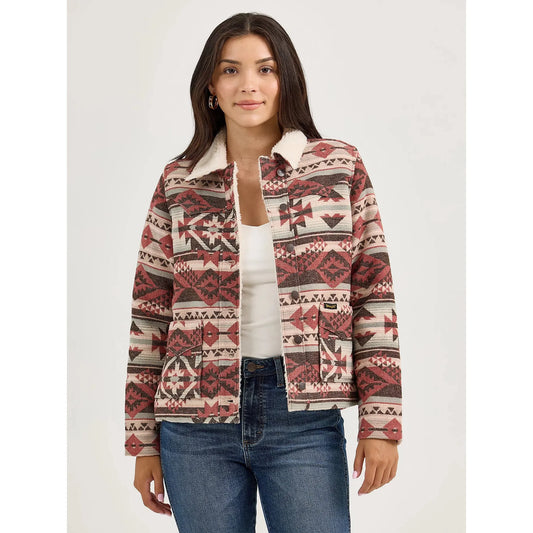 Wrangler Women's Sherpa Lined Jacquard Barn Jacket- Cream/Burgundy