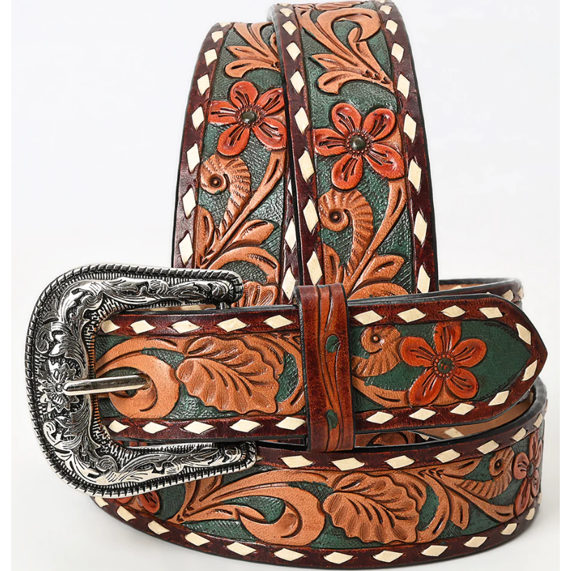 American Darling  Floral Scroll Design with White Diamond Border Tooled Western Belt