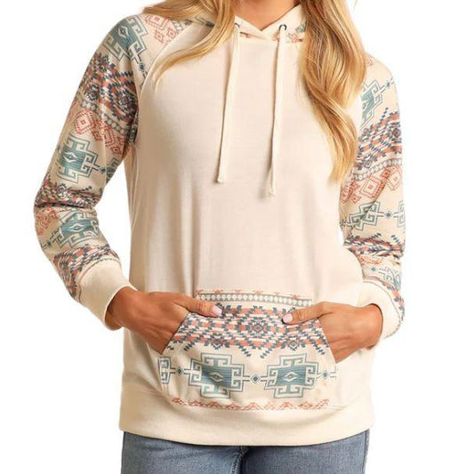 Rock & Roll Women's Long Sleeve Contrast Sleeve Hoodie - Natural