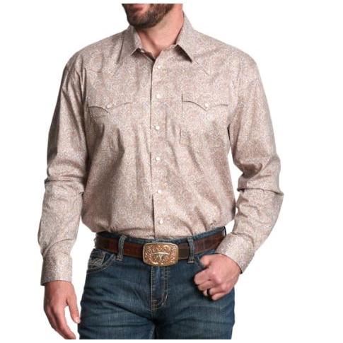 Panhandle Men's Long Sleeve Roughstock Paisley Diamond Print Shirt- Taupe