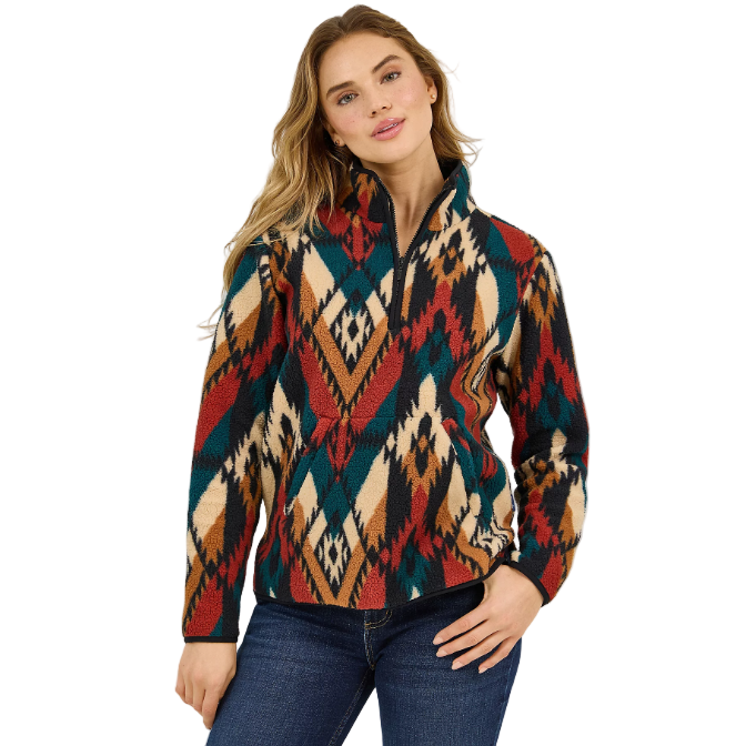 Wrangler Women's Long Sleeve Retro 1/4 zip Sherpa Pullover- Turquoise Pattern