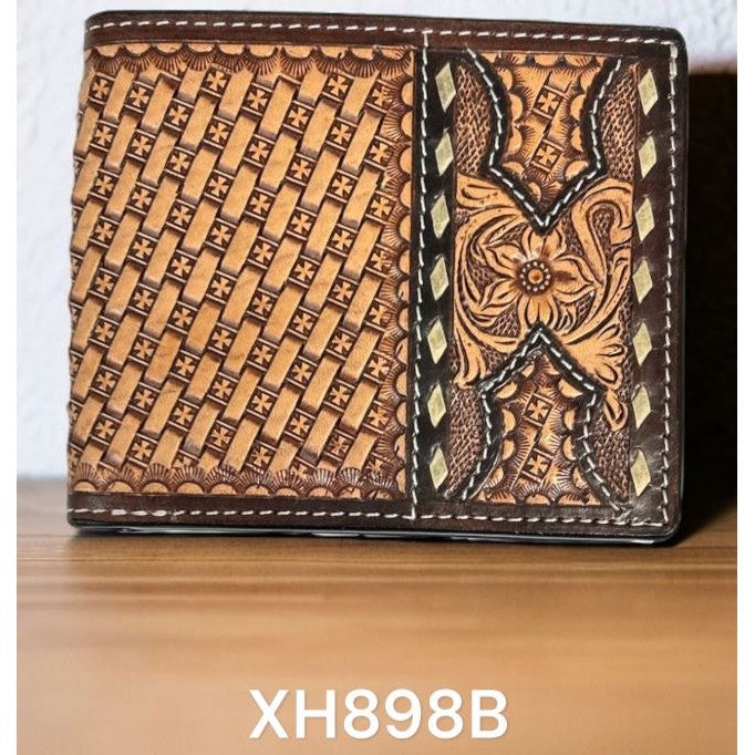 Twisted X Floral Carving Basket Tooling Rawhide Buckstitch Bifold Wallet