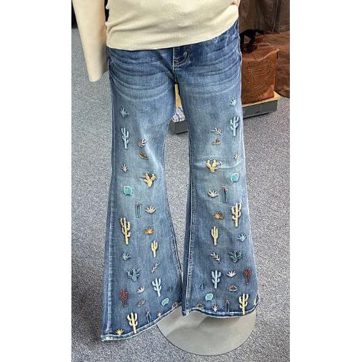 Grace in LA Women's Cactus Embroidered Flare Jeans-