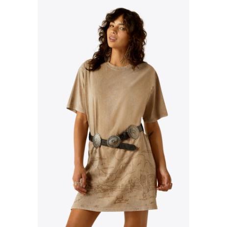 Ariat Women's Short Sleeve Road Trip Tee Shirt Dress- Greige Mineral Wash