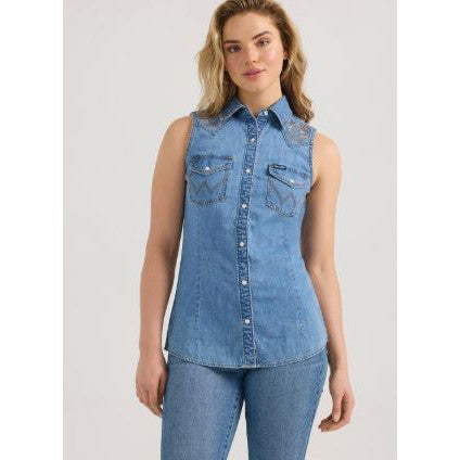 Wrangler Women's Sleeveless Denim Shirt- Blue