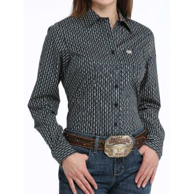 Cinch Women's Long Sleeve Geometric Shirt- Navy