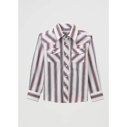 Wrangler Boy's Long Sleeve Western Snap Shirt- Brushpopper Red Stripe