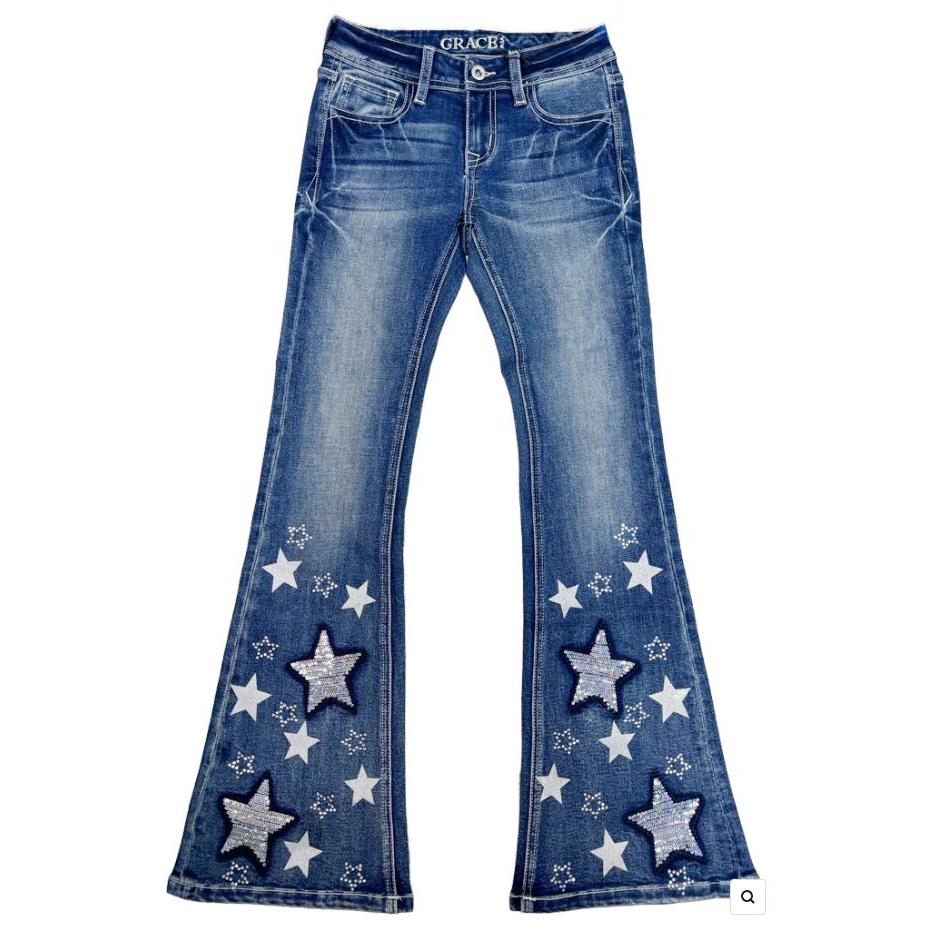 Grace in LA Girl's Star/Sequins Embroidery Detail Western Jeans