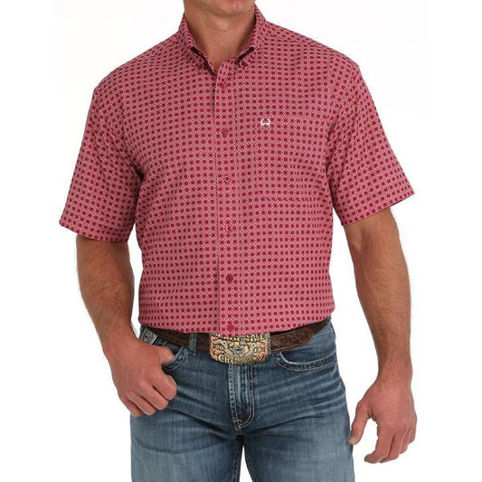 Cinch Men's Short Sleeve Medallion Print Button Down Western Shirt- Red