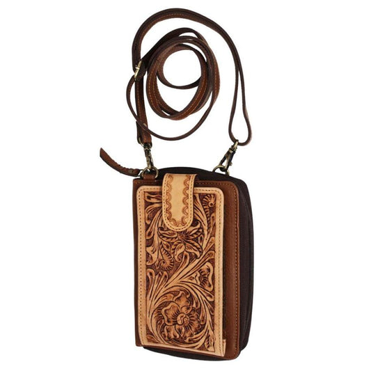 Western Women's Floral Tooled Pebbled Leather Sling Crossbody Bag- Brown