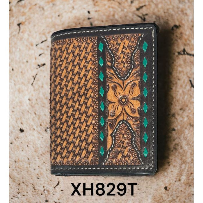 Twisted X Floral Basket Weave Trifold with Turquoise Backstitch Wallet