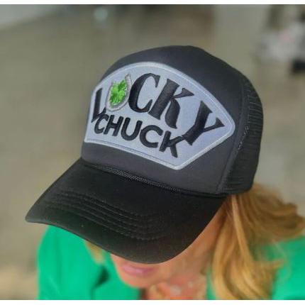 Lucky Chuck Full Front Patch Trucker Hat- Black