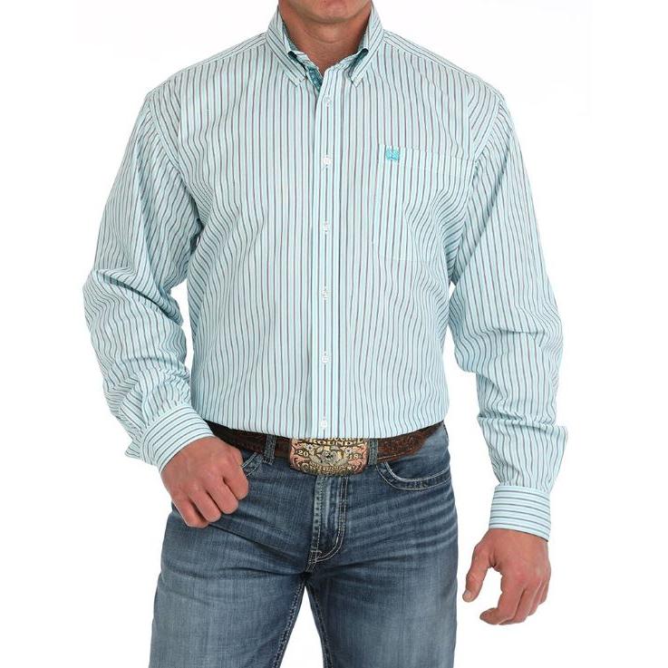 Cinch Men's Long Sleeve Striped Button Down Western Shirt- White