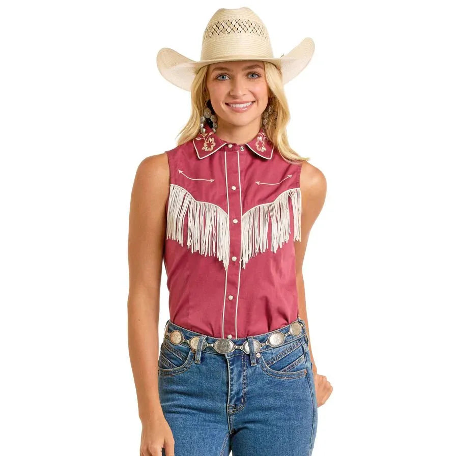 Rock & Roll Women's Cowgirl Embroidered Snap Shirt- Wine