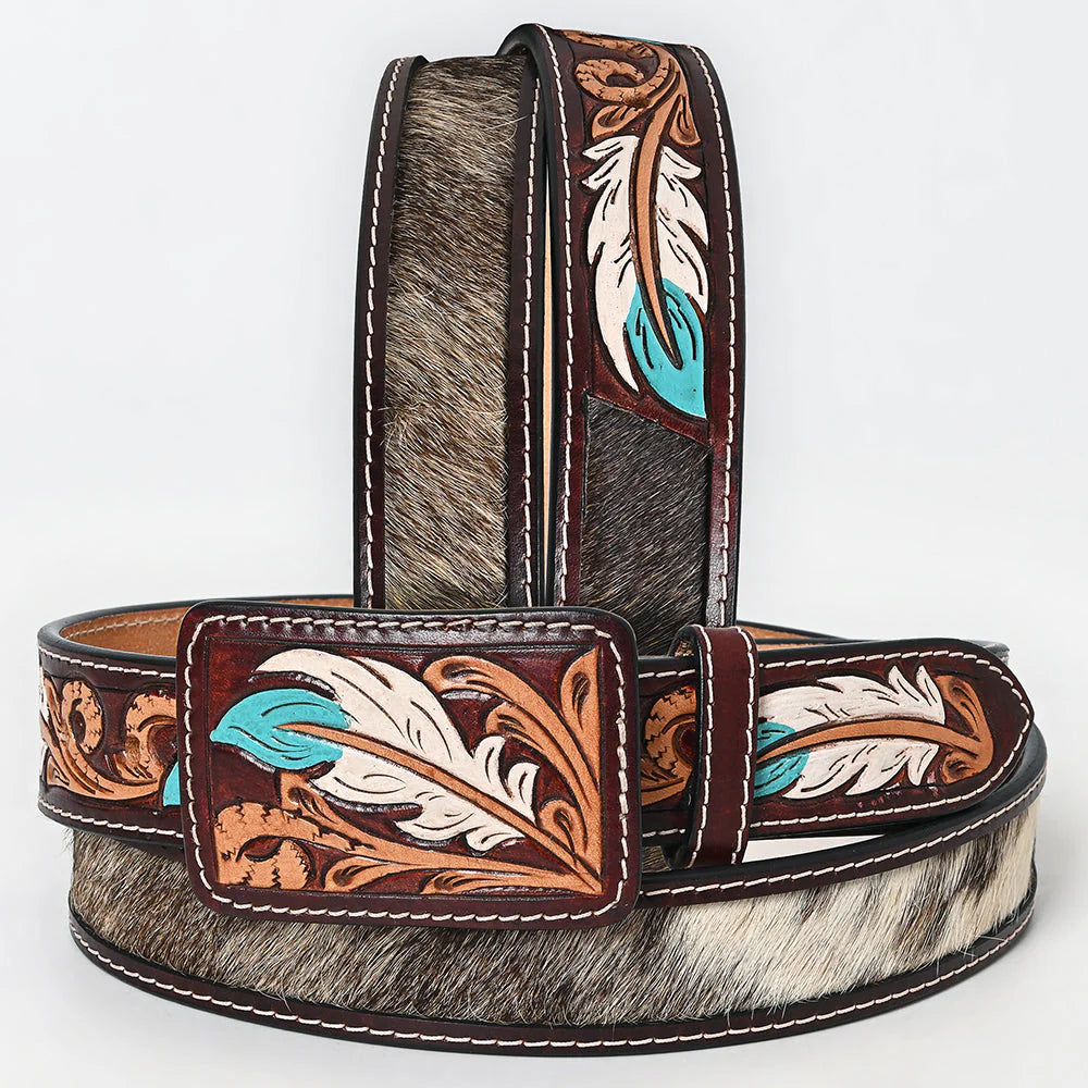 American Darling Feather Tooled Belt with Hair On Hide Inlay