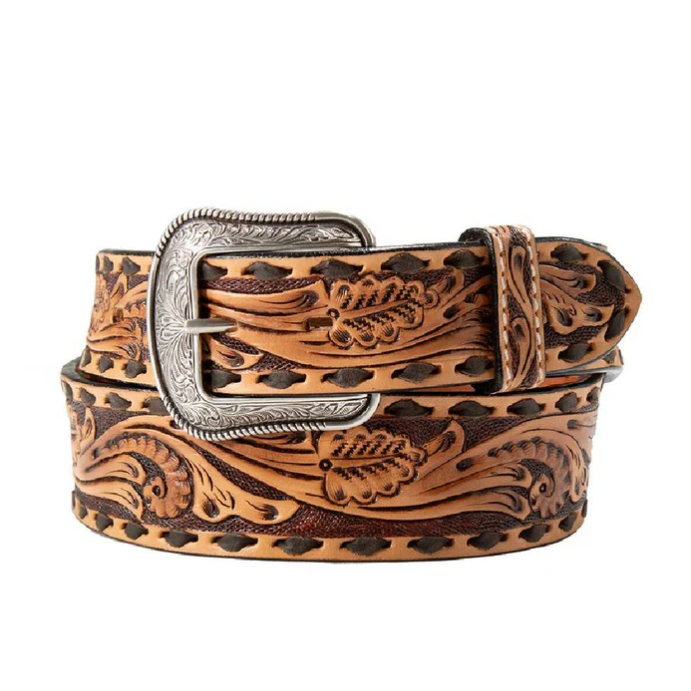 3D Men's 1 3/4" - 1 1/2" Tapered Scroll Tooled Buck Lace Belt- Brown - Irvine Tack & Western Wear