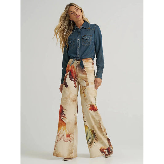 Wrangler Women's  Lainey Wilson High Rise Horse Cheeky Wide Leg Jean- Wild Horses
