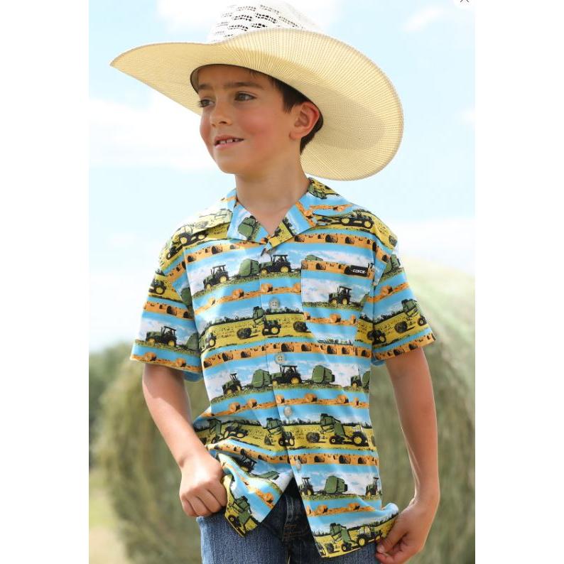 Cinch Boys Short Sleeve Camp Western Shirt- Blue