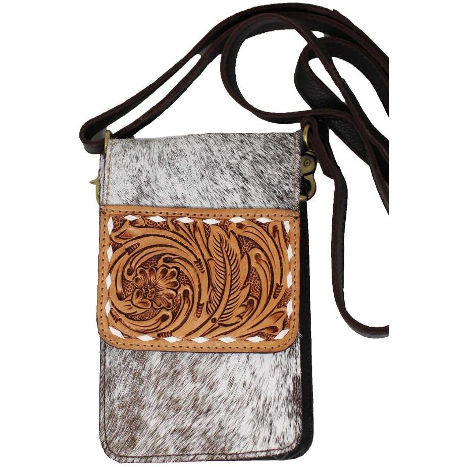 Western Women's Floral Tooled Cowhide Phone Sling Crossbody Bag