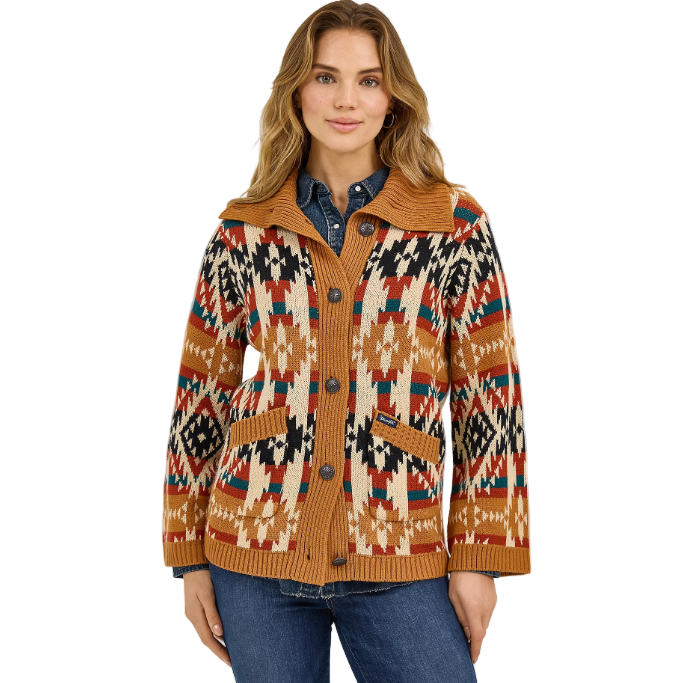 Wrangler Women's Long Sleeve Western Pattern Cardigan Sweater - Mustard