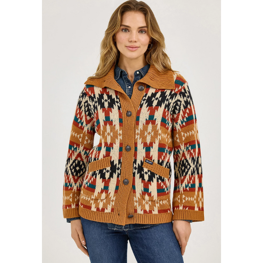 Wrangler Women's Long Sleeve Western Pattern Cardigan Sweater- Mustard